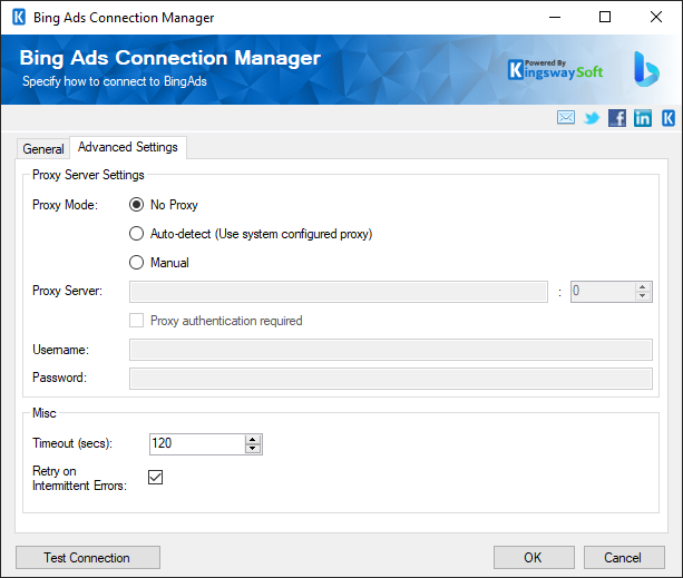 SSIS Bings Ads Connection - Advanced Settings